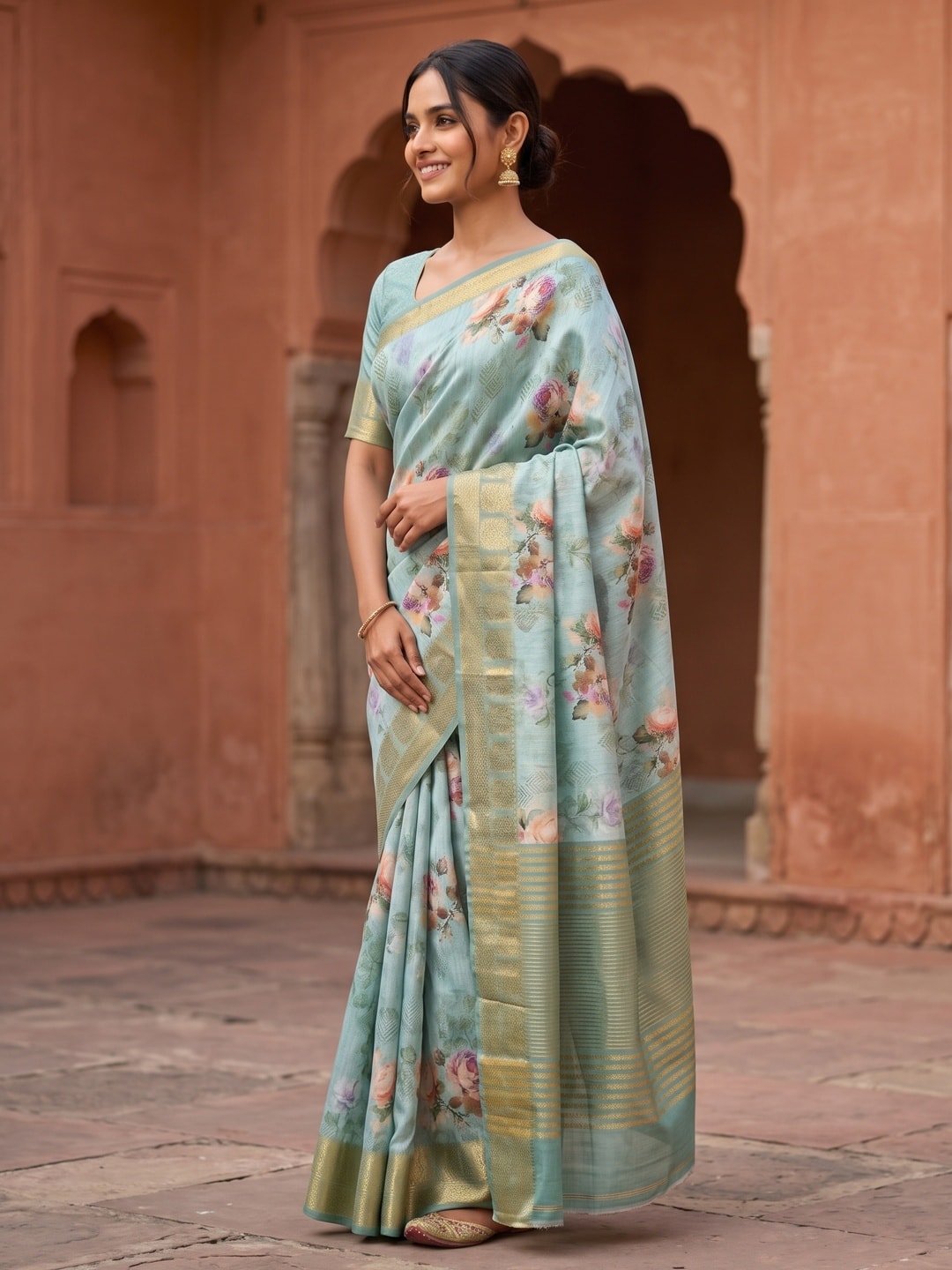 Peachmode Sky Blue Pure Katan Silk Saree With Jacquard Weaving Pallu And Digital Floral Print - Image 3