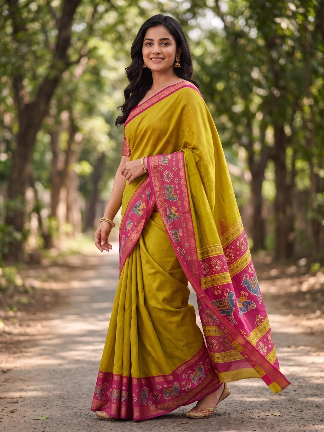 Peachmode Lime Pure Monroe Silk Saree With Bentex Jacquard And Digital Print Pallu - Image 3