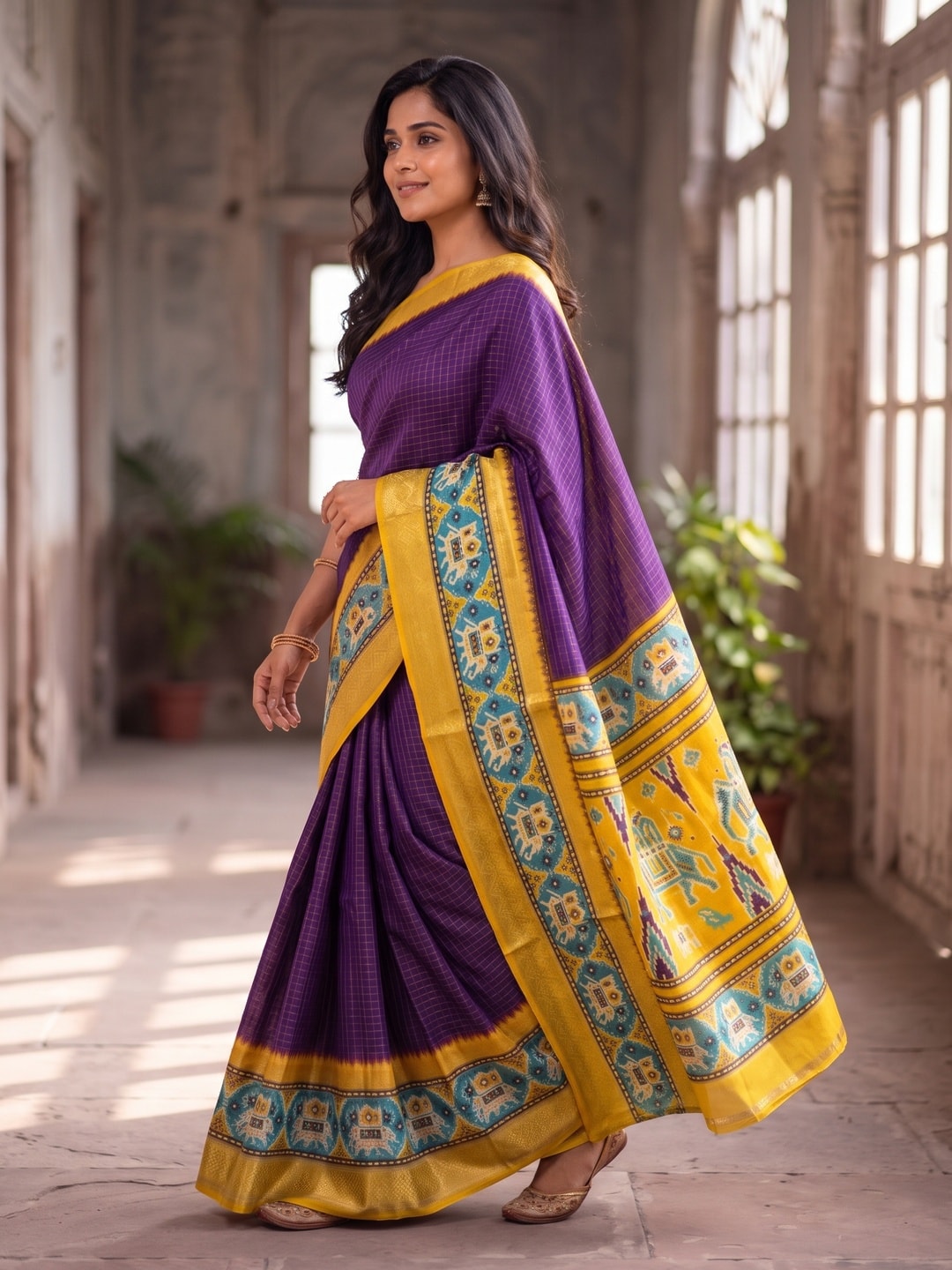 Peachmode Purple Pure Dola Silk Saree With Bentex Chex Jacquard And Digital Print Elephant Pallu - Image 3