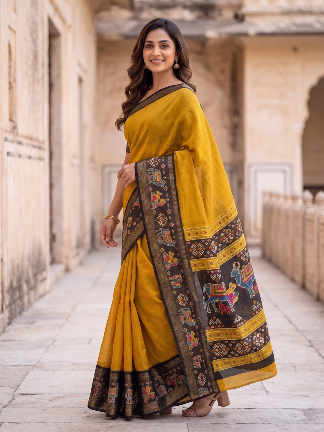 Peachmode Yellow Pure Monroe Silk Saree With Bentex Jacquard And Digital Print Pallu - Image 3