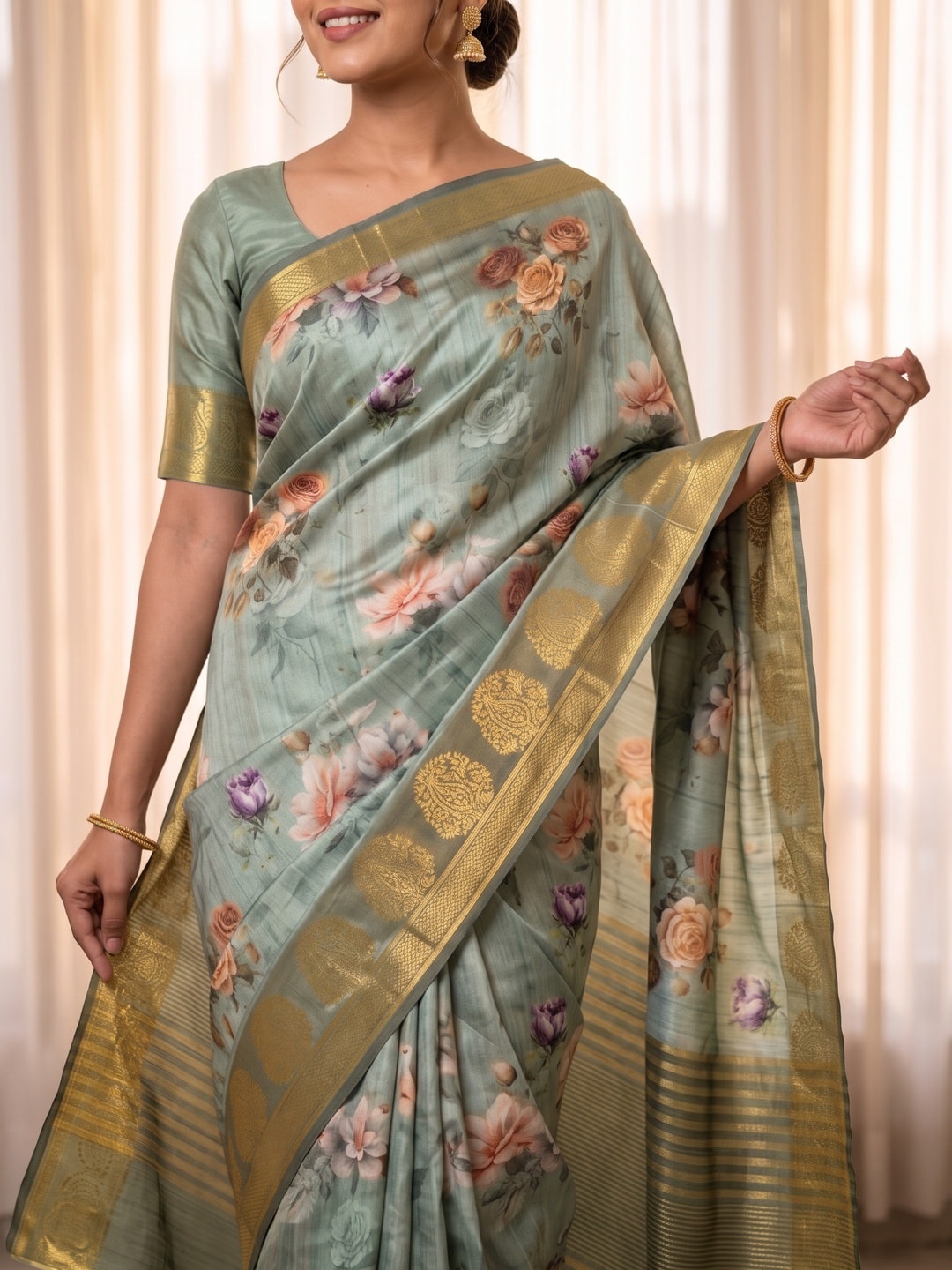 Peachmode Sea Green Pure Katan Silk Saree With Jacquard Weaving Pallu And Digital Floral Print - Image 5