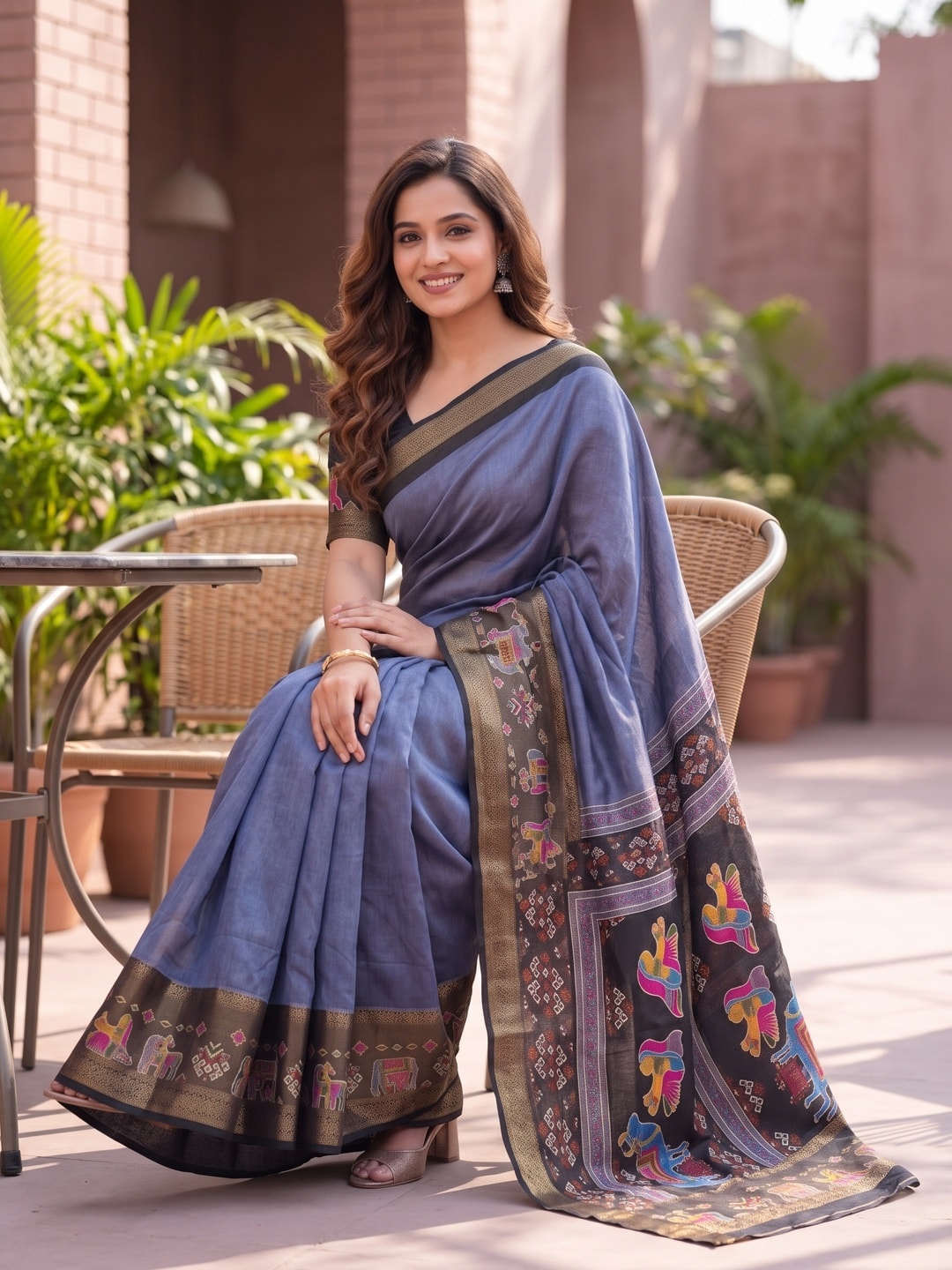Peachmode Grey Pure Monroe Silk Saree With Bentex Jacquard And Digital Print Pallu - Image 4