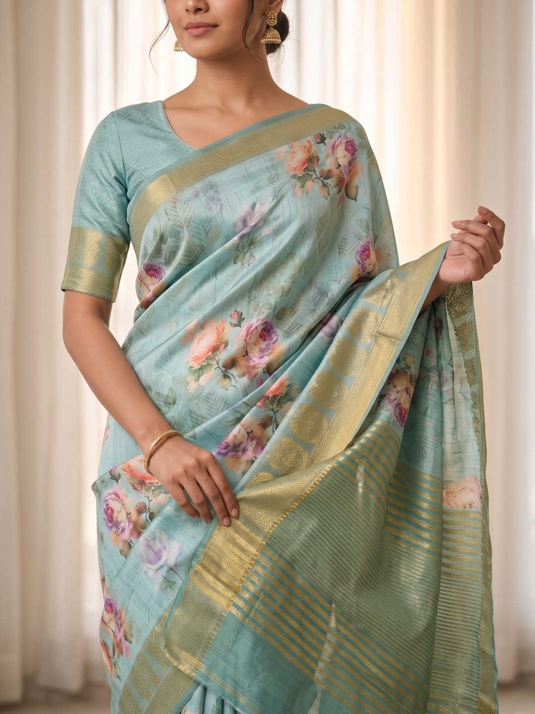 Peachmode Sky Blue Pure Katan Silk Saree With Jacquard Weaving Pallu And Digital Floral Print - Image 5