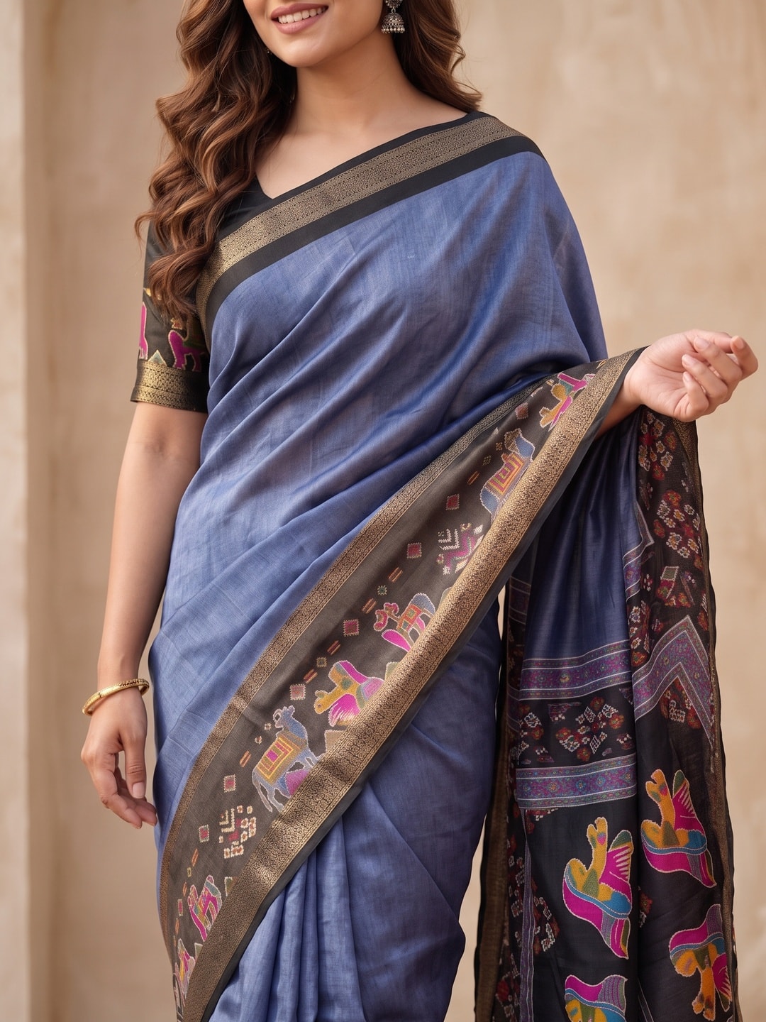 Peachmode Grey Pure Monroe Silk Saree With Bentex Jacquard And Digital Print Pallu - Image 5