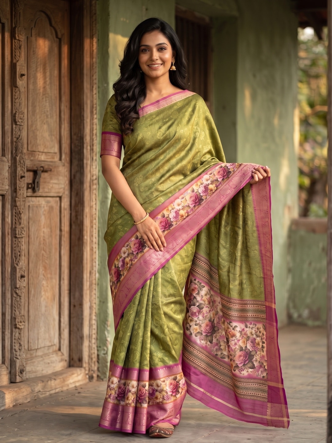 Peachmode Olive Pure Cotton Silk Saree With Bentex Jacquard And Digital Floral Print Border - Image 1