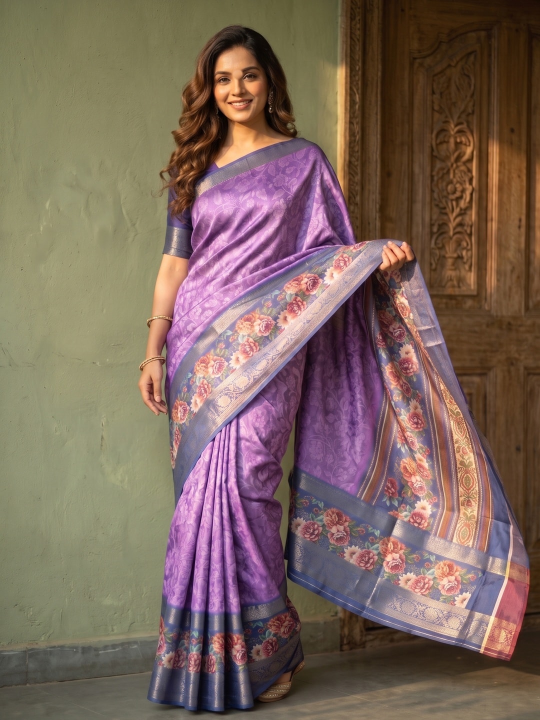 Peachmode Purple Pure Cotton Silk Saree With Bentex Jacquard And Digital Floral Print Border - Image 1