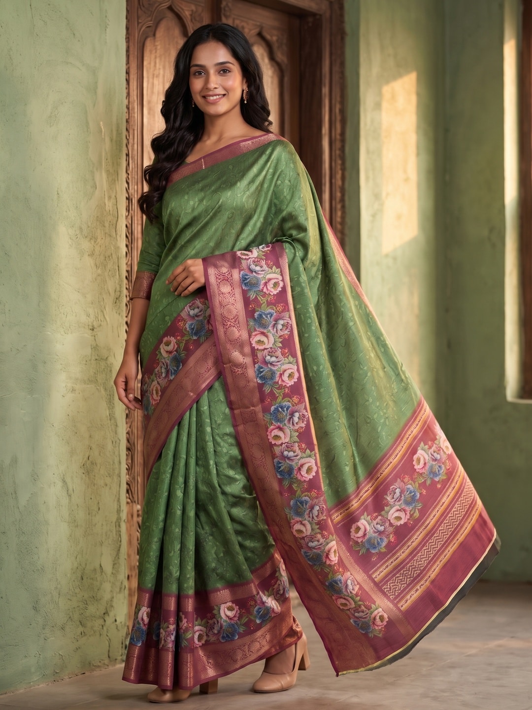 Peachmode Green Pure Cotton Silk Saree With Bentex Jacquard And Digital Floral Print Border - Image 1