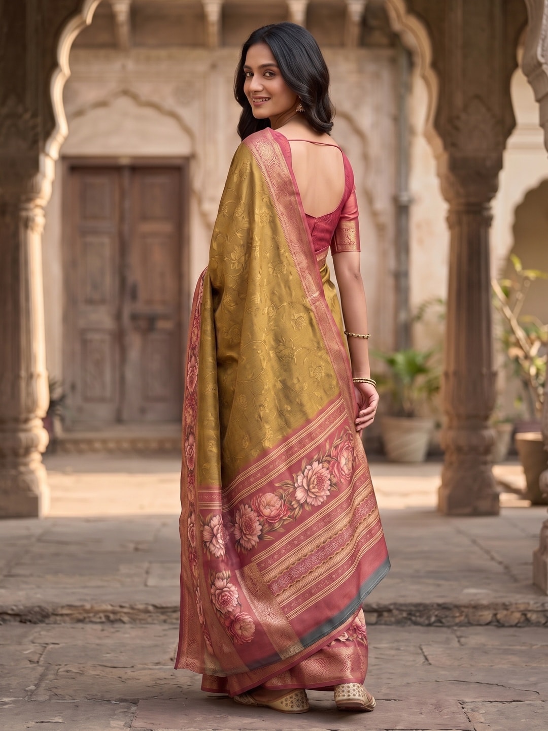Peachmode Khaki Pure Cotton Silk Saree With Bentex Jacquard And Digital Floral Print Border - Image 2