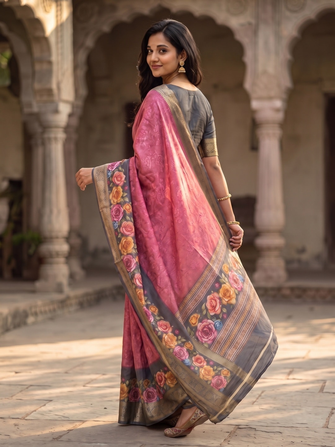 Peachmode Rose Pure Cotton Silk Saree With Bentex Jacquard And Digital Floral Print Border - Image 2