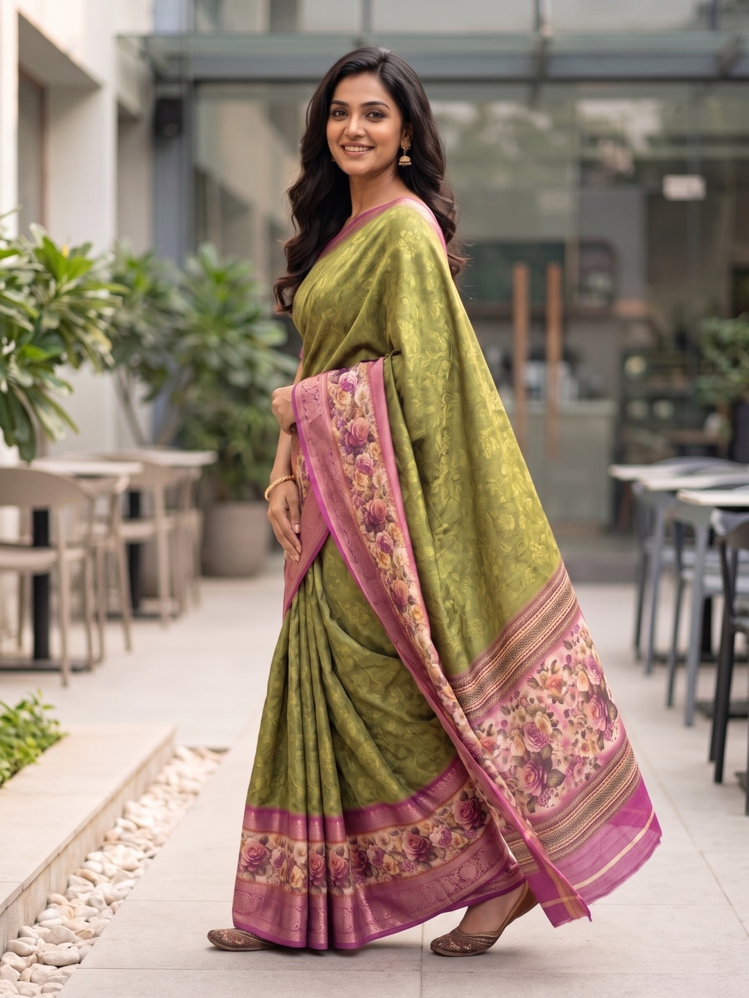 Peachmode Olive Pure Cotton Silk Saree With Bentex Jacquard And Digital Floral Print Border - Image 3