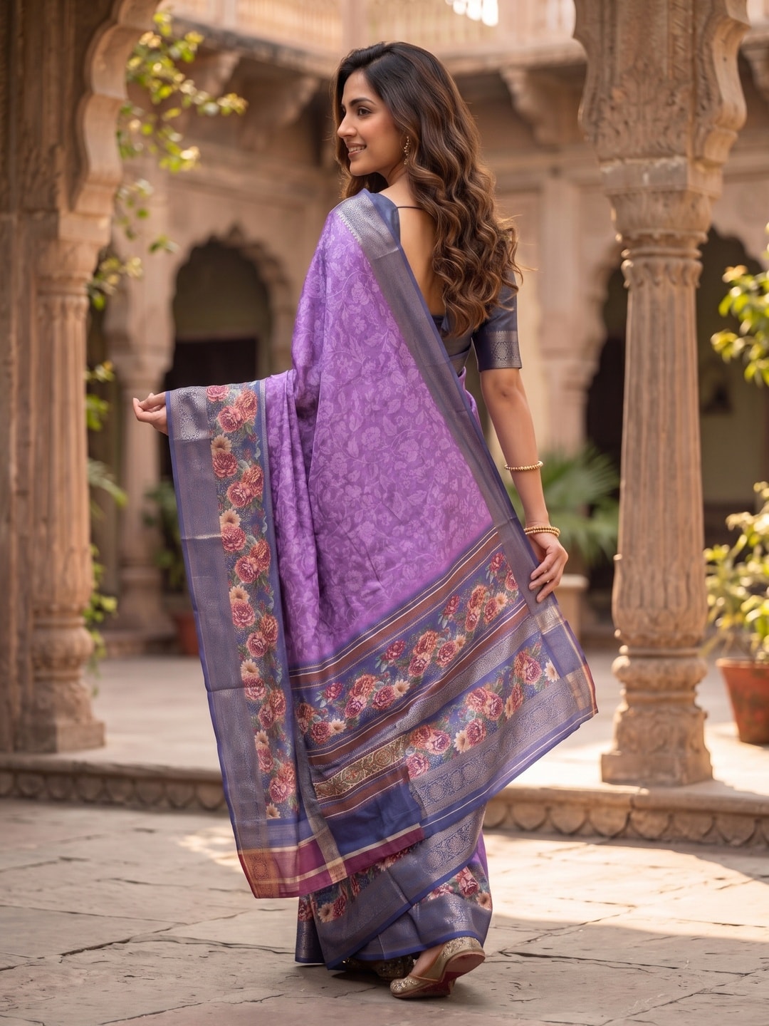 Peachmode Purple Pure Cotton Silk Saree With Bentex Jacquard And Digital Floral Print Border - Image 2