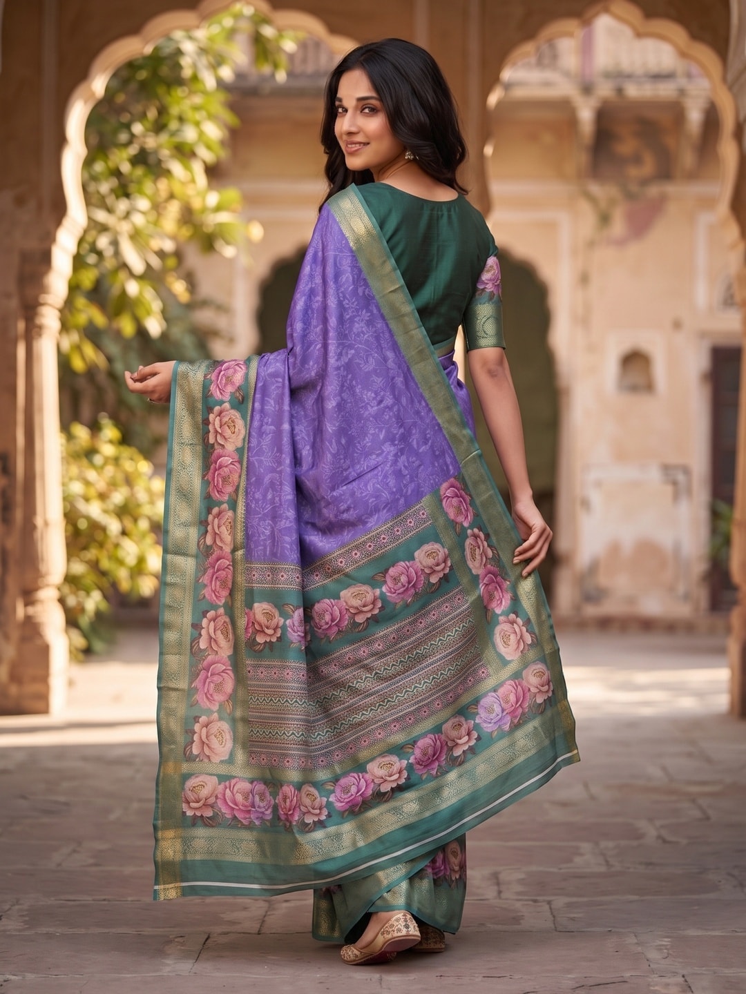 Peachmode Violet Pure Cotton Silk Saree With Bentex Jacquard And Digital Floral Print Border - Image 2