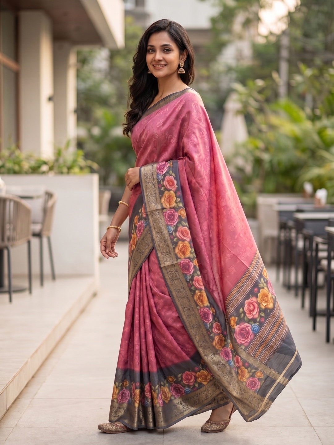 Peachmode Rose Pure Cotton Silk Saree With Bentex Jacquard And Digital Floral Print Border - Image 3