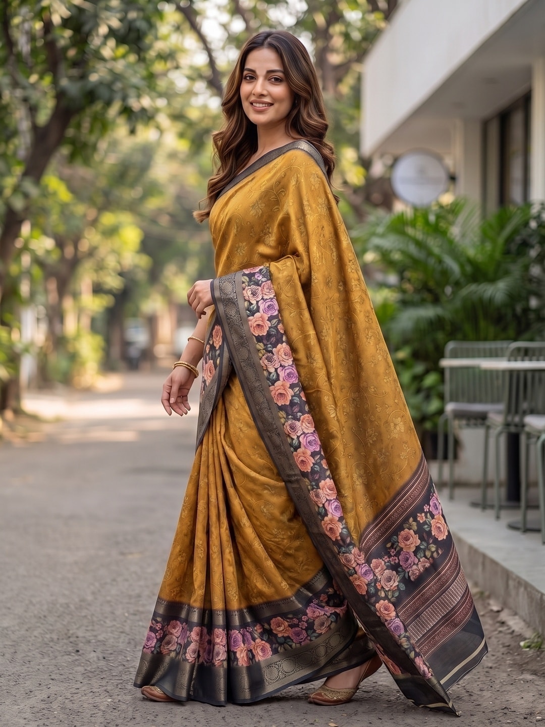 Peachmode Mustard Pure Cotton Silk Saree With Bentex Jacquard And Digital Floral Print Border - Image 3