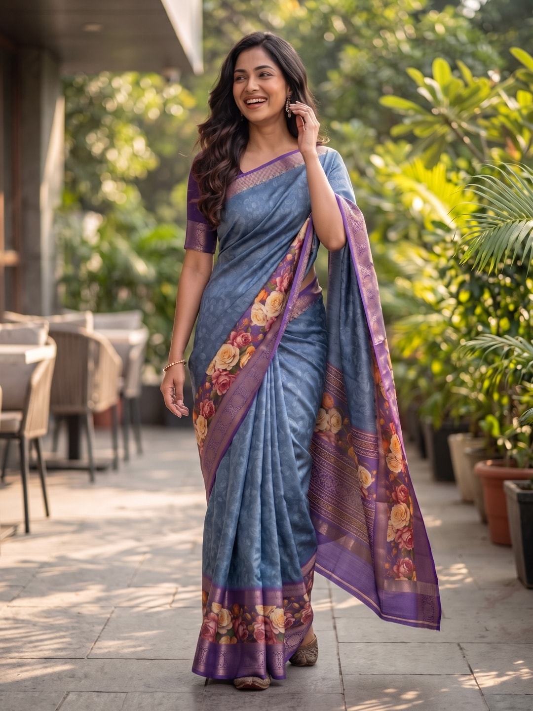 Peachmode Blue Pure Cotton Silk Saree With Bentex Jacquard And Digital Floral Print Border - Image 4