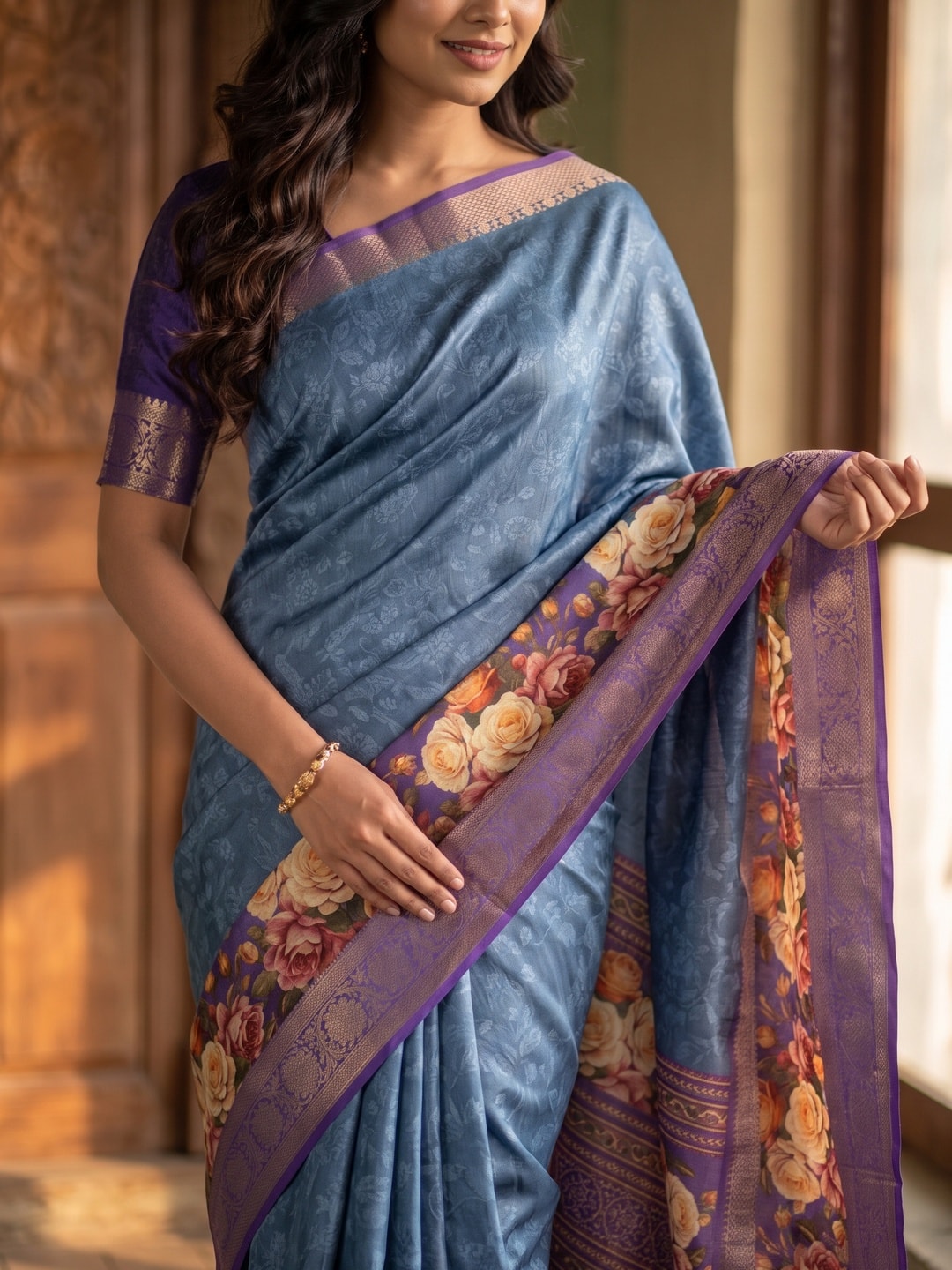 Peachmode Blue Pure Cotton Silk Saree With Bentex Jacquard And Digital Floral Print Border - Image 5