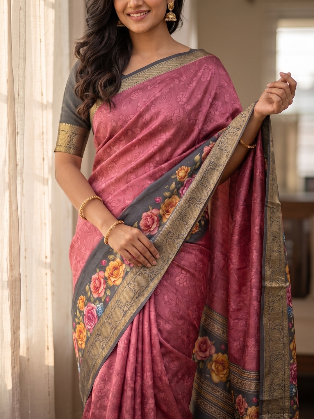 Peachmode Rose Pure Cotton Silk Saree With Bentex Jacquard And Digital Floral Print Border - Image 5
