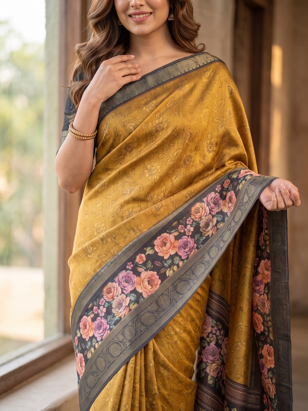 Peachmode Mustard Pure Cotton Silk Saree With Bentex Jacquard And Digital Floral Print Border - Image 5