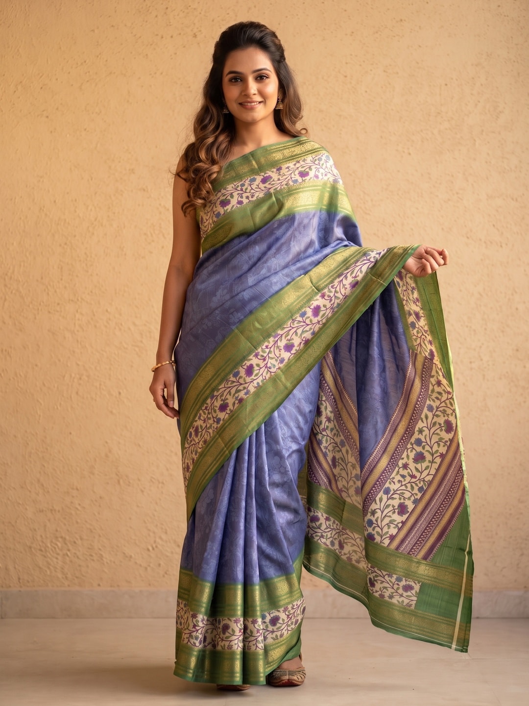 Peachmode Blue Pure Cotton Silk Saree With Bentex Jacquard And Digital Print Panel Design - Image 1