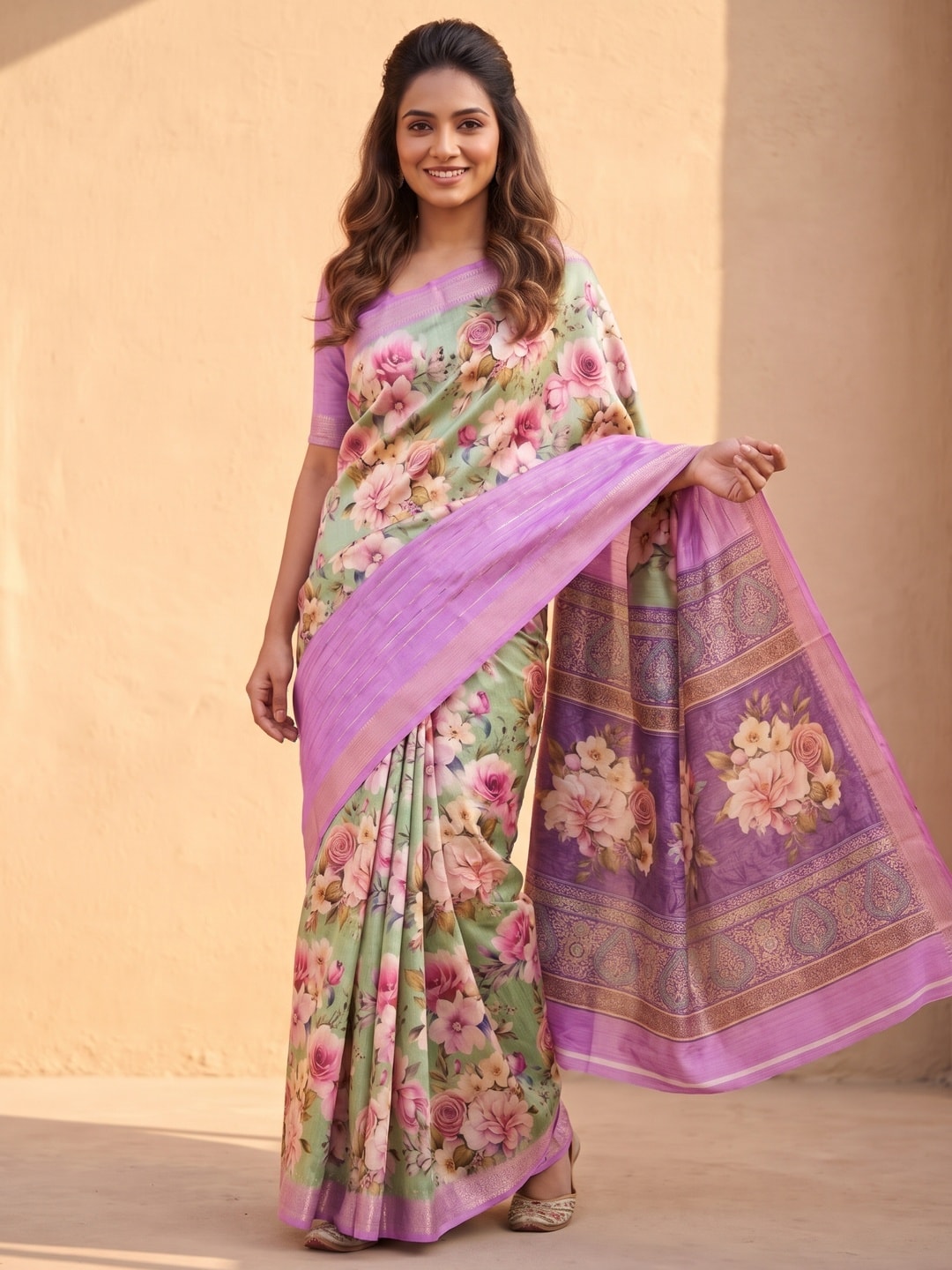 Peachmode Lilac Pure Cotton Silk Saree With Bentex Jacquard And Digital Print Panel Design - Image 1