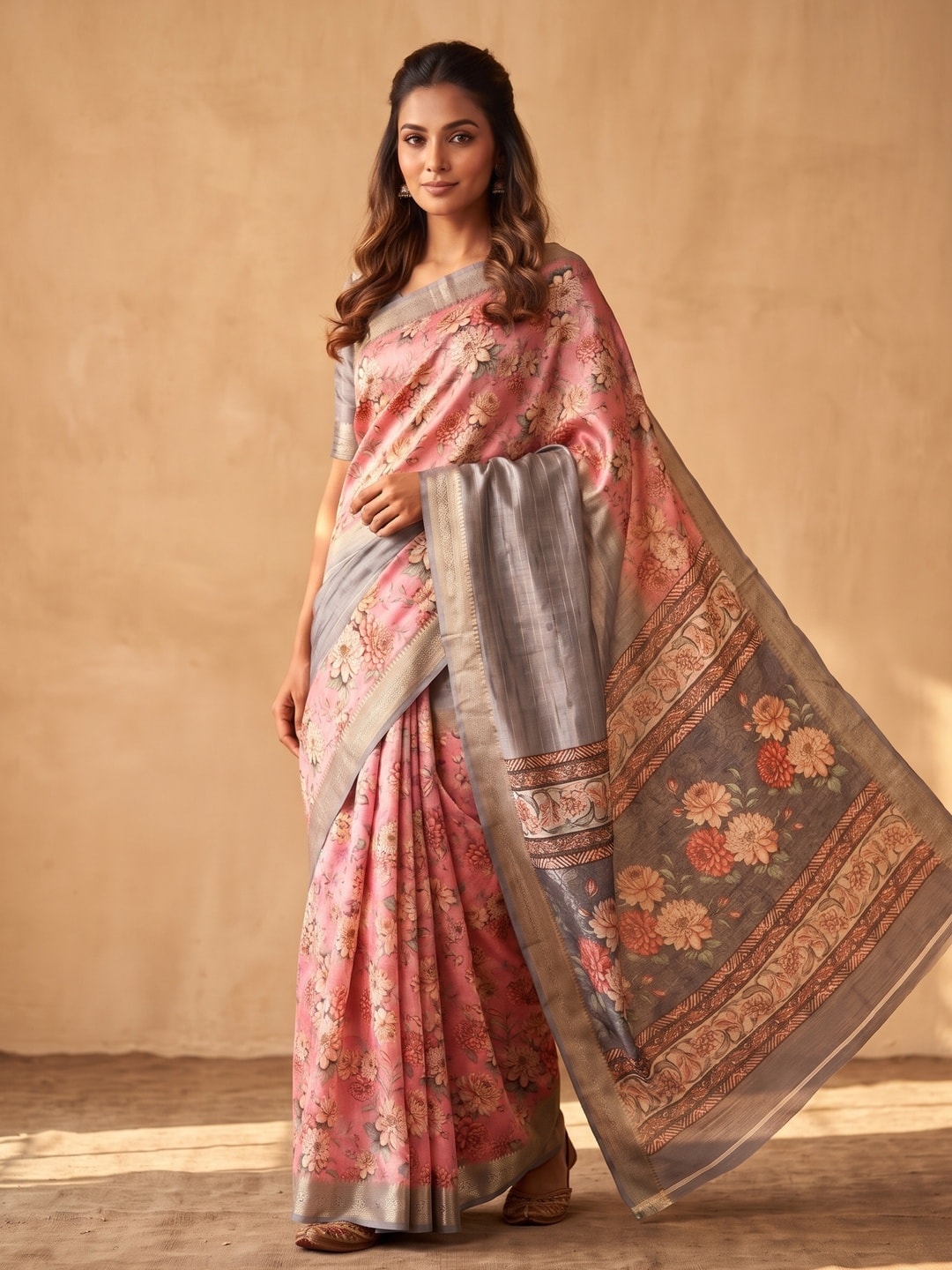 Peachmode Pink Pure Cotton Silk Saree With Bentex Jacquard And Digital Print Panel Design - Image 1