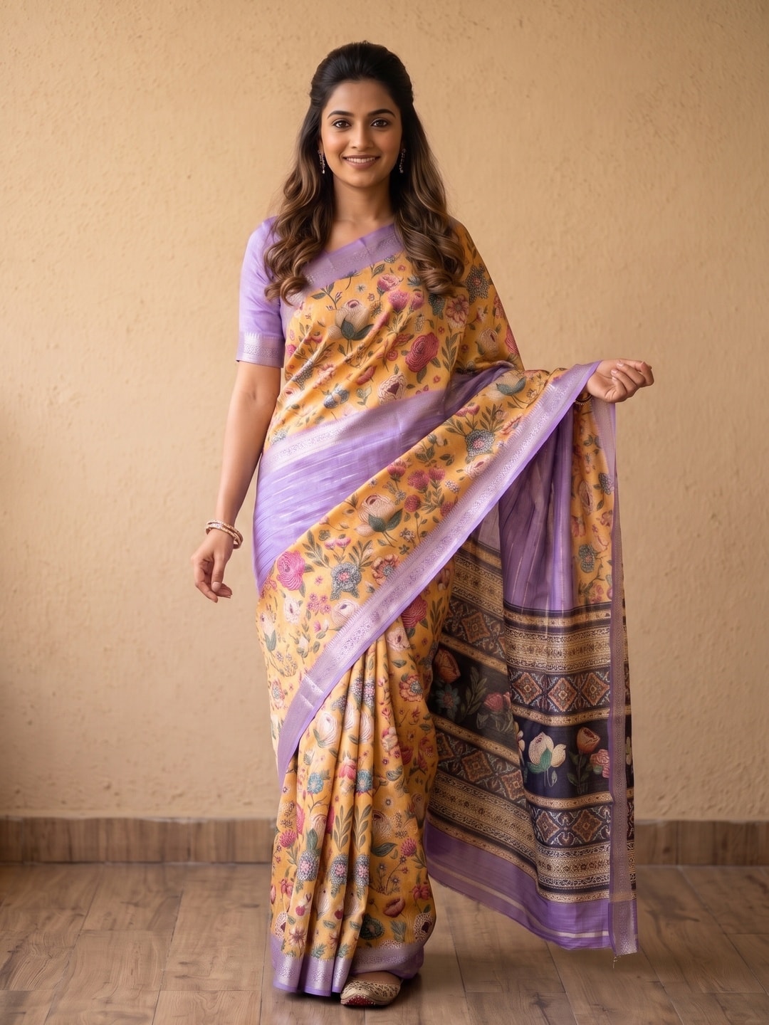 Peachmode Yellow Pure Cotton Silk Saree With Bentex Jacquard And Digital Print Panel Design - Image 1