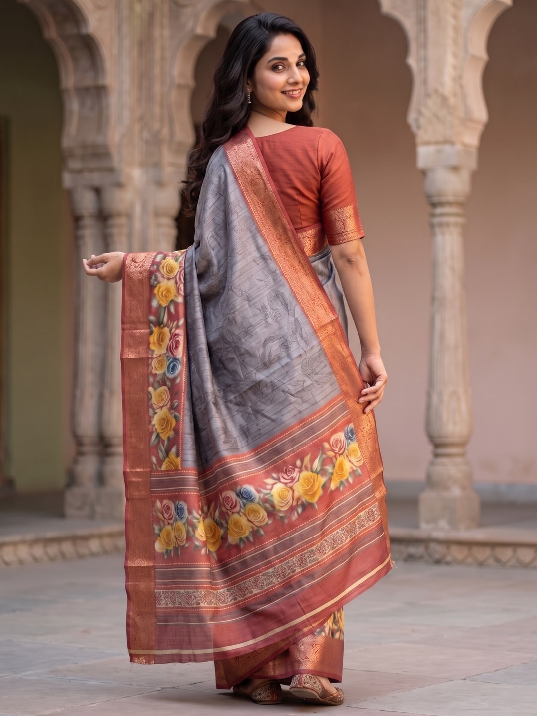 Peachmode Grey Pure Cotton Silk Saree With Bentex Jacquard And Digital Floral Print Border - Image 2