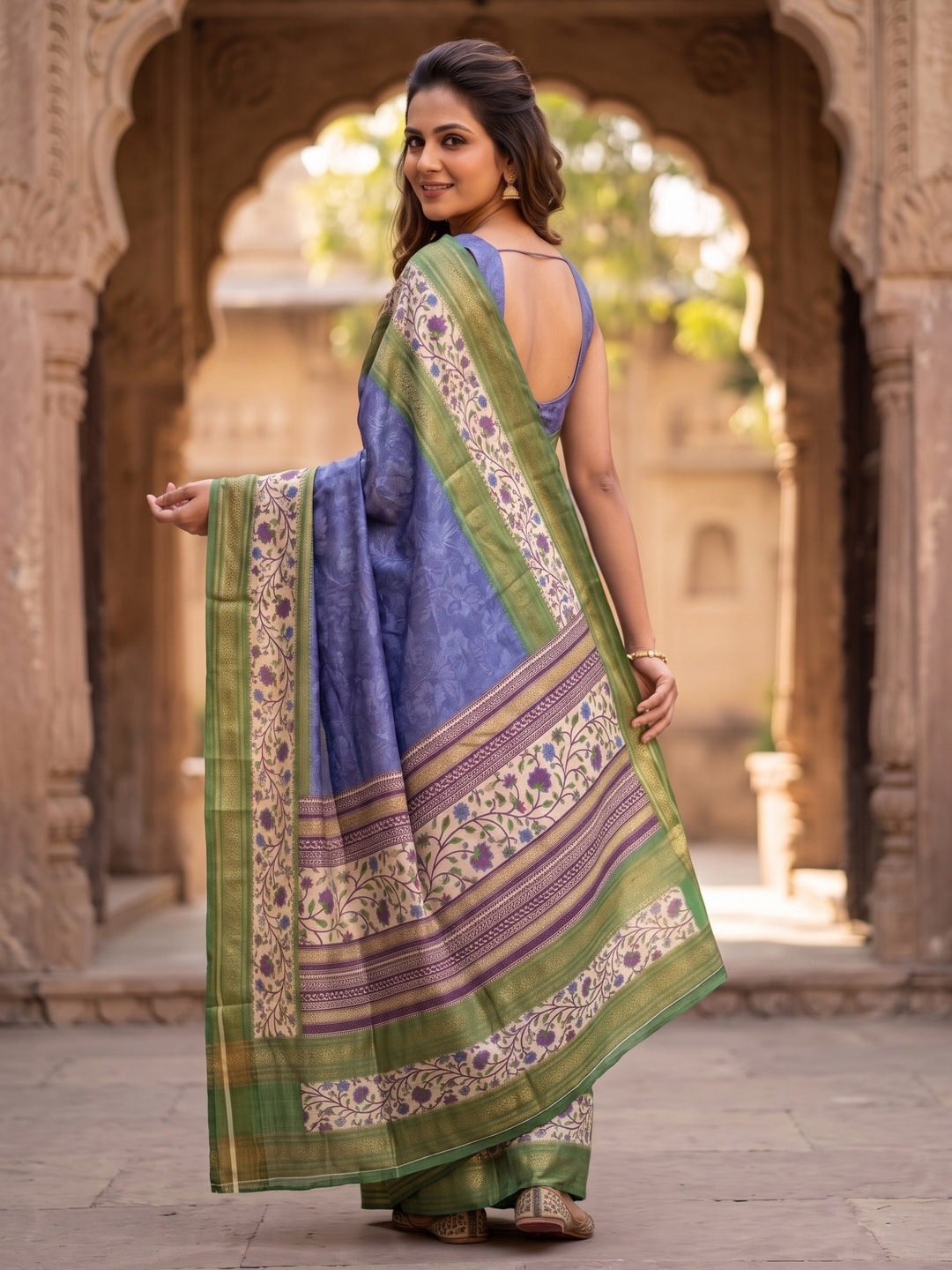 Peachmode Blue Pure Cotton Silk Saree With Bentex Jacquard And Digital Print Panel Design - Image 2