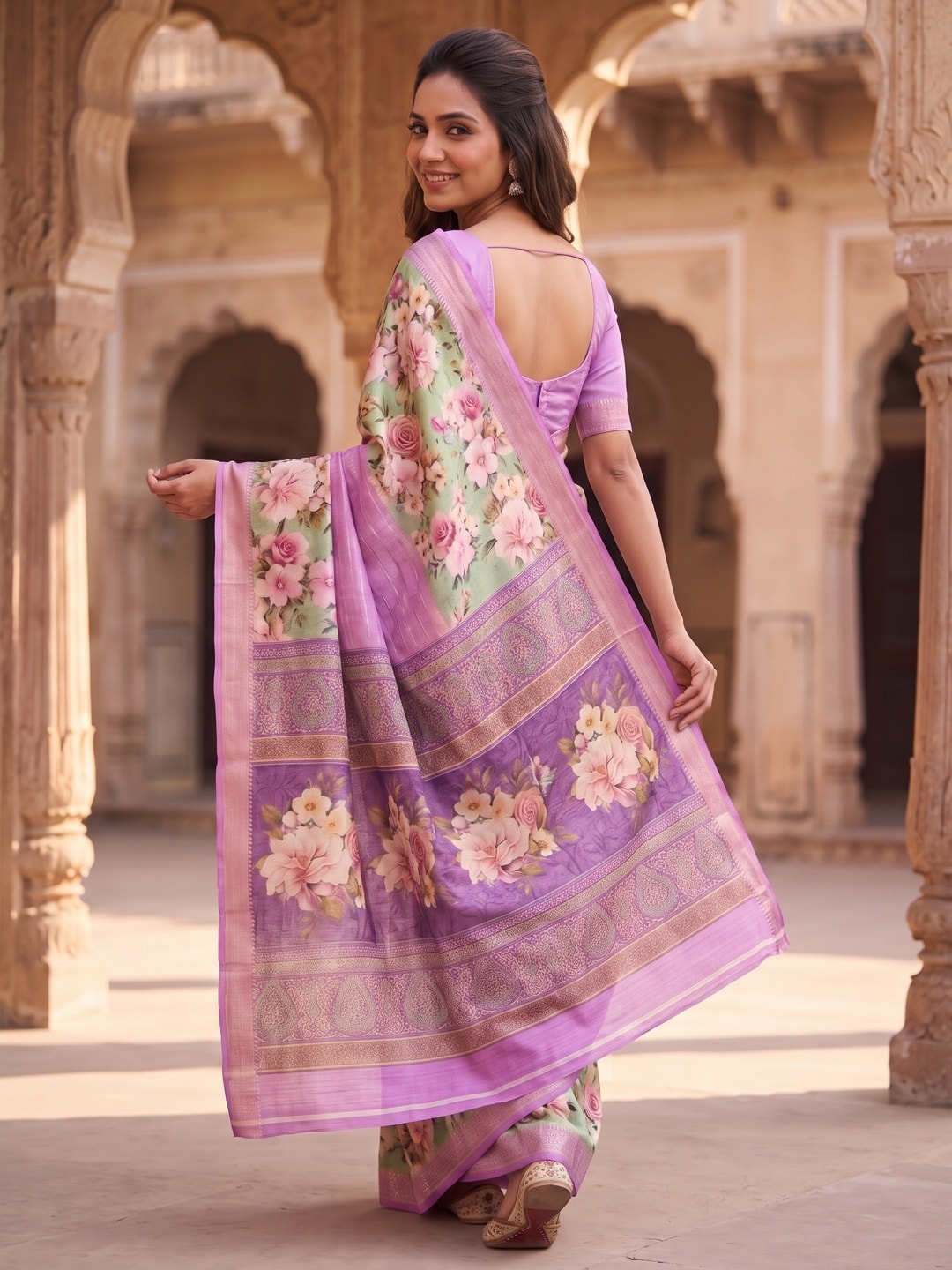 Peachmode Lilac Pure Cotton Silk Saree With Bentex Jacquard And Digital Print Panel Design - Image 2