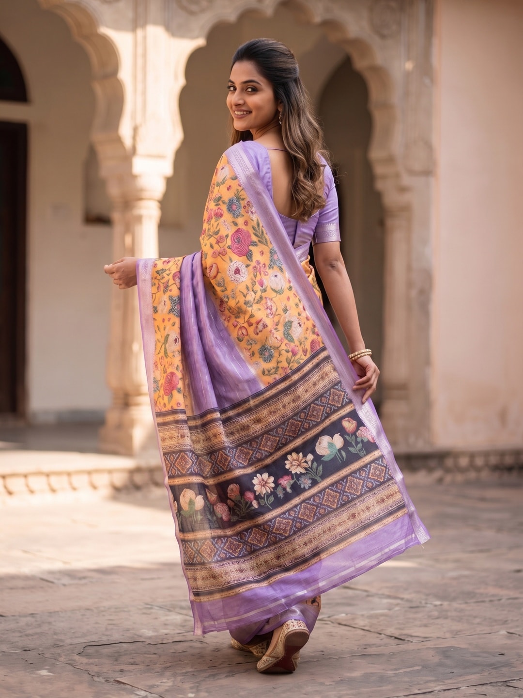 Peachmode Yellow Pure Cotton Silk Saree With Bentex Jacquard And Digital Print Panel Design - Image 2