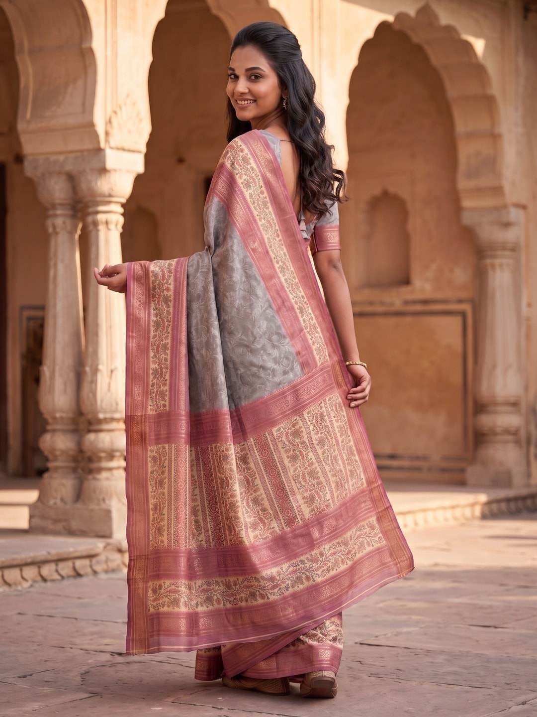 Peachmode Grey Pure Cotton Silk Saree With Bentex Jacquard And Digital Print Panel Design - Image 2