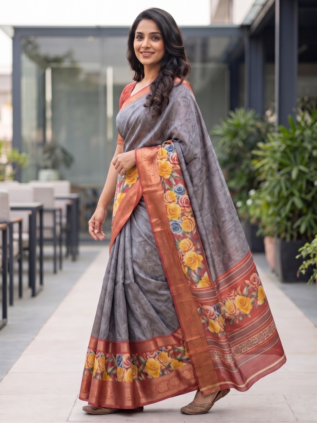 Peachmode Grey Pure Cotton Silk Saree With Bentex Jacquard And Digital Floral Print Border - Image 3