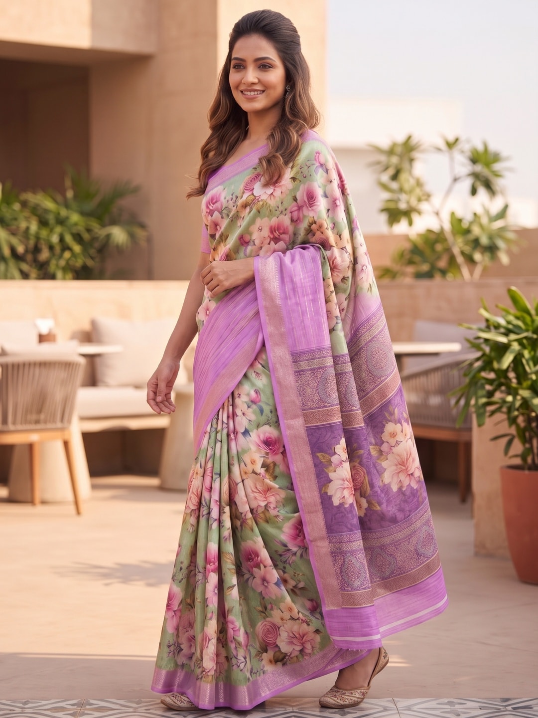 Peachmode Lilac Pure Cotton Silk Saree With Bentex Jacquard And Digital Print Panel Design - Image 3