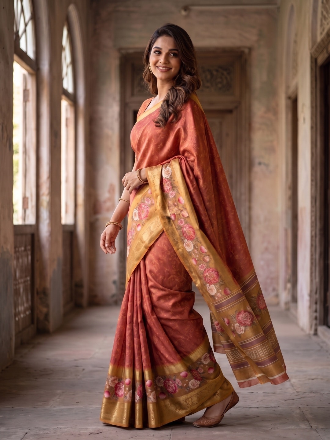 Peachmode Coral Pure Cotton Silk Saree With Bentex Jacquard And Digital Floral Print Border - Image 3