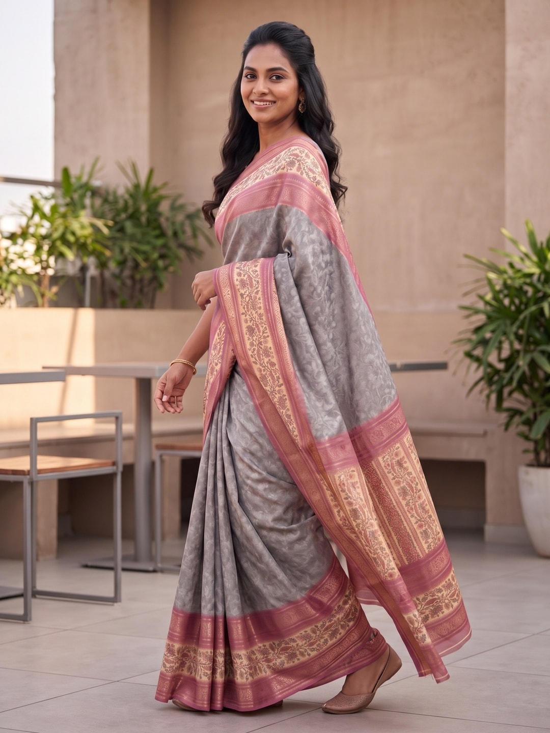 Peachmode Grey Pure Cotton Silk Saree With Bentex Jacquard And Digital Print Panel Design - Image 3