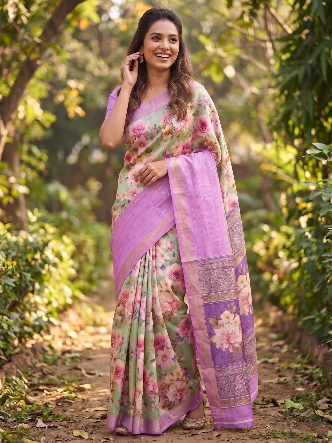 Peachmode Lilac Pure Cotton Silk Saree With Bentex Jacquard And Digital Print Panel Design - Image 4