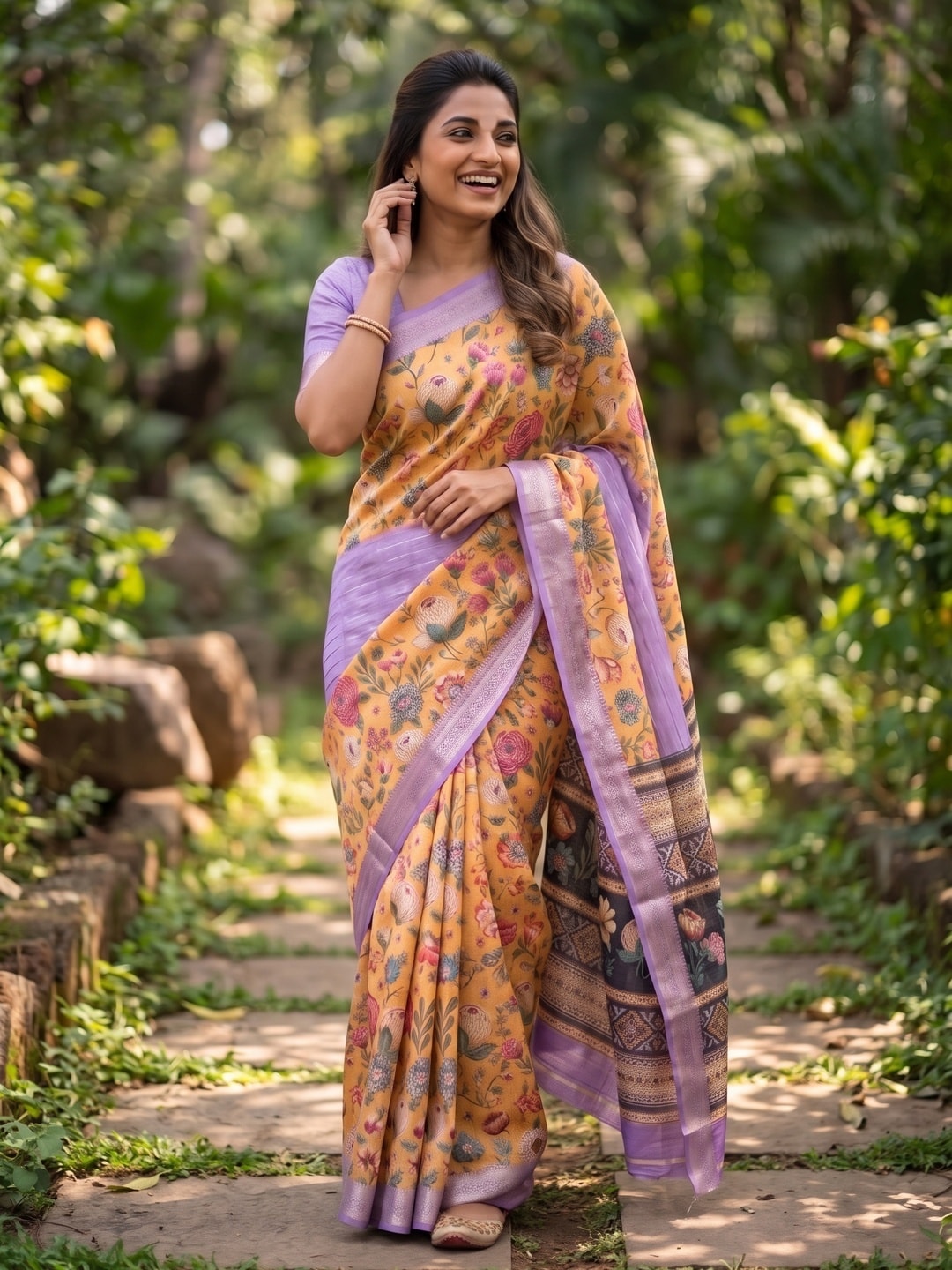 Peachmode Yellow Pure Cotton Silk Saree With Bentex Jacquard And Digital Print Panel Design - Image 4