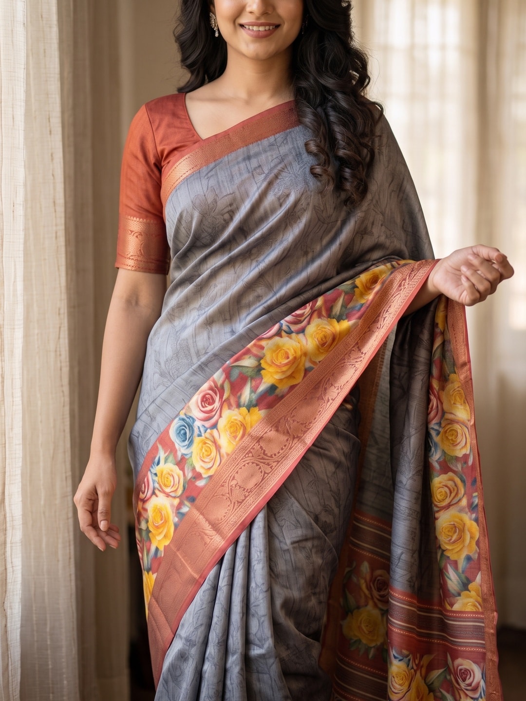 Peachmode Grey Pure Cotton Silk Saree With Bentex Jacquard And Digital Floral Print Border - Image 5