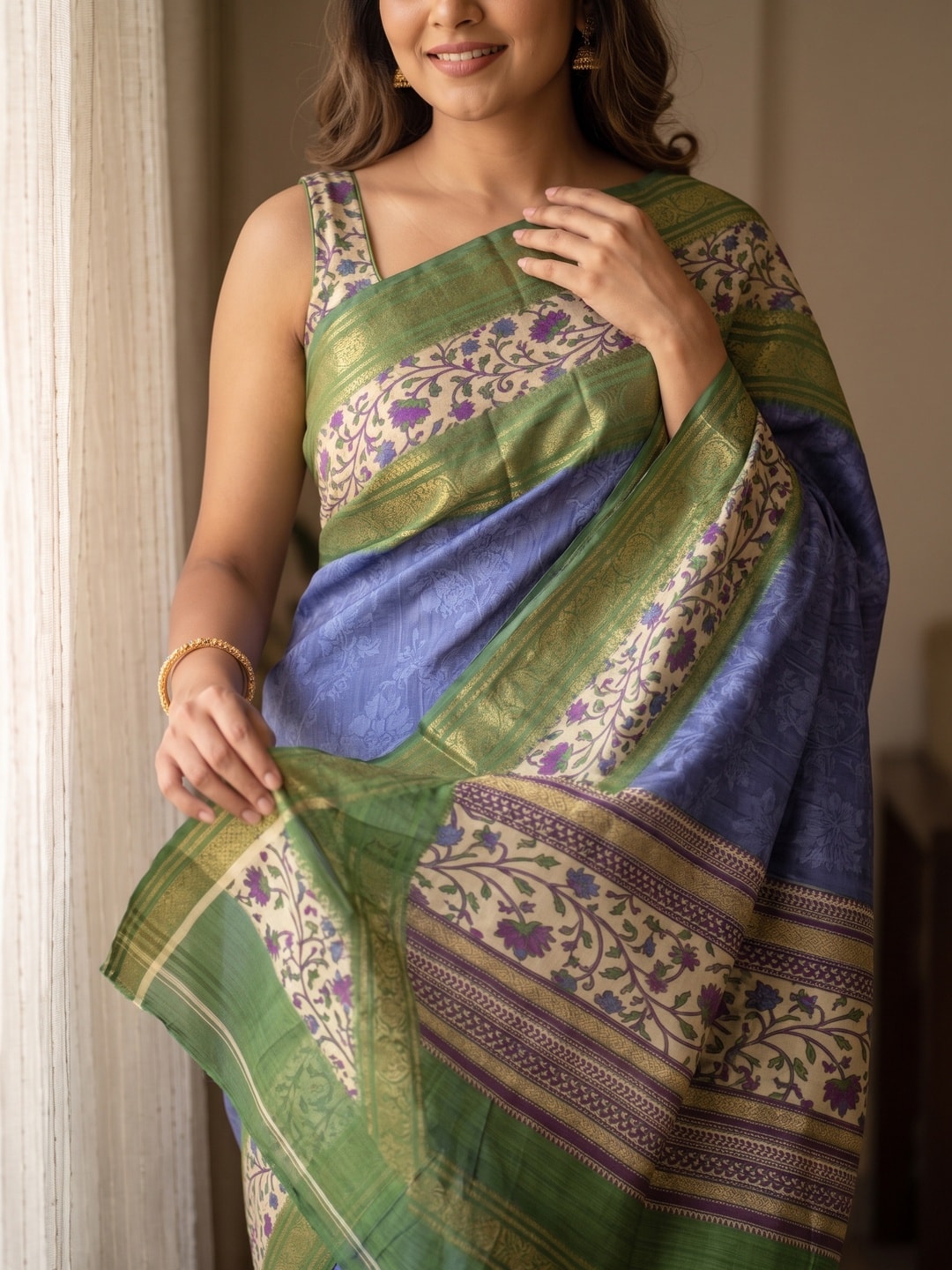 Peachmode Blue Pure Cotton Silk Saree With Bentex Jacquard And Digital Print Panel Design - Image 5