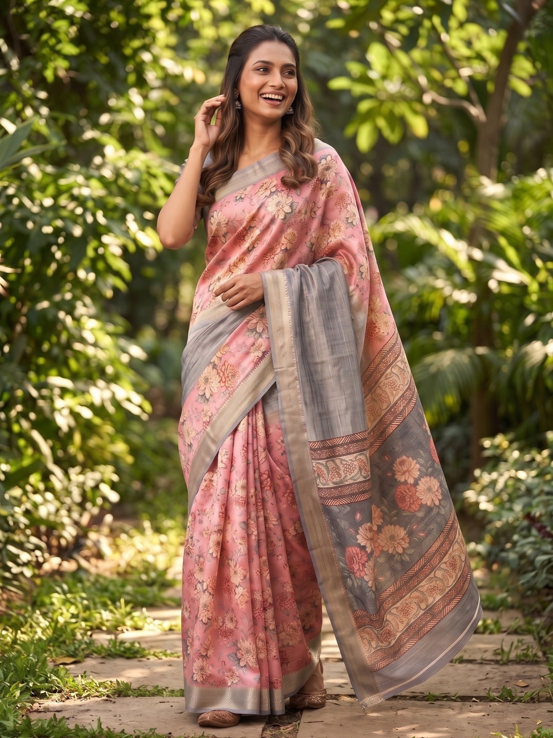 Peachmode Pink Pure Cotton Silk Saree With Bentex Jacquard And Digital Print Panel Design - Image 4