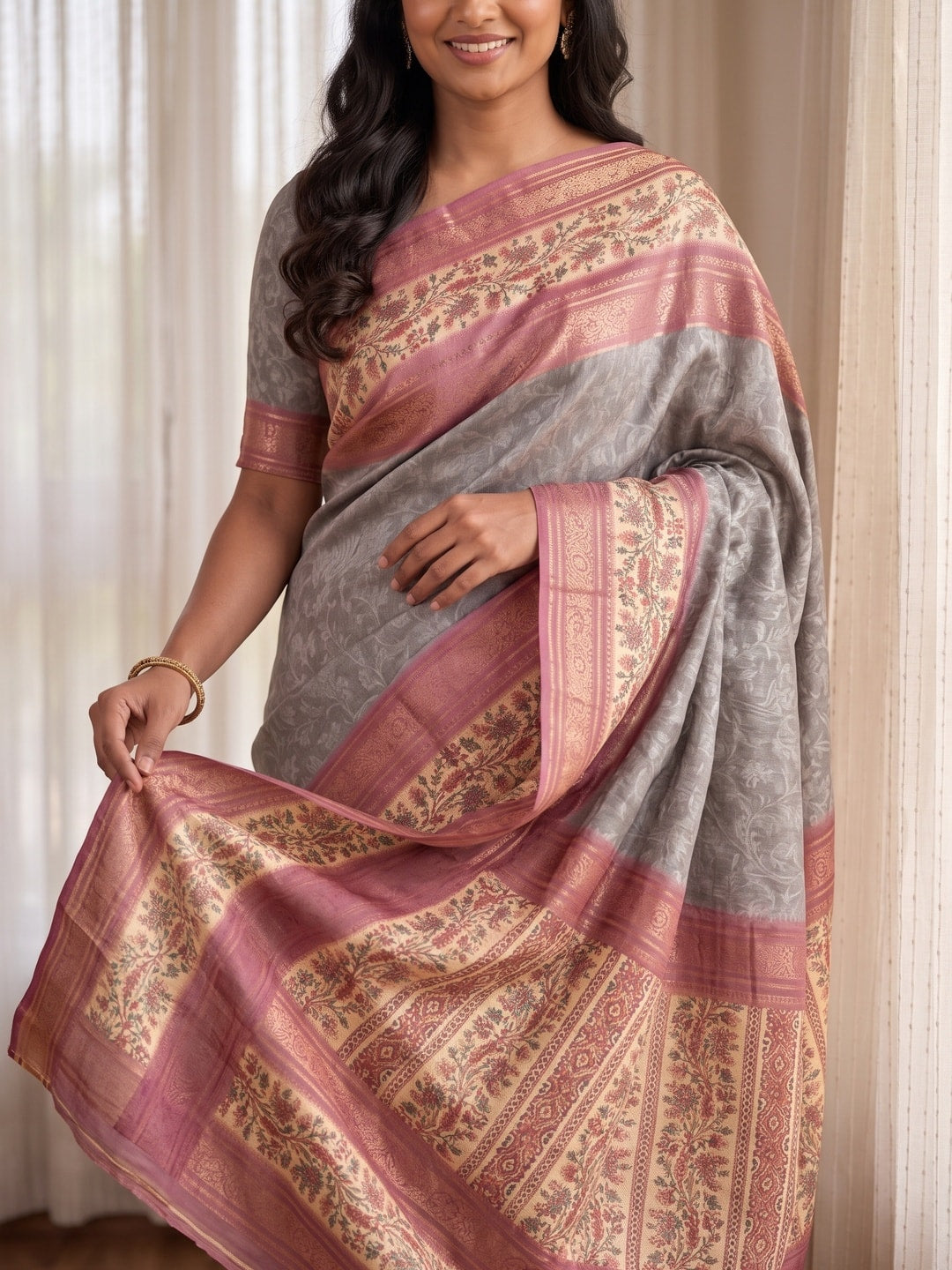 Peachmode Grey Pure Cotton Silk Saree With Bentex Jacquard And Digital Print Panel Design - Image 5