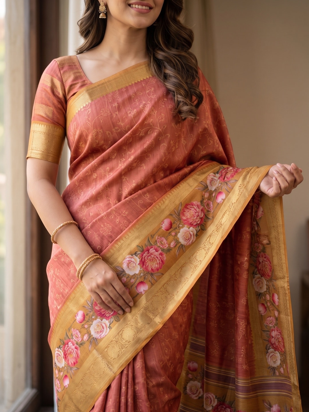 Peachmode Coral Pure Cotton Silk Saree With Bentex Jacquard And Digital Floral Print Border - Image 5
