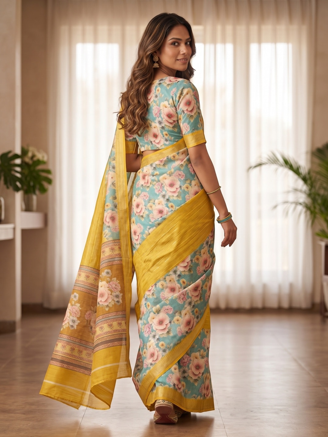 Peachmode Yellow Pure Cotton Silk Saree With Bentex Jacquard And Digital Print Panel Design - Image 2