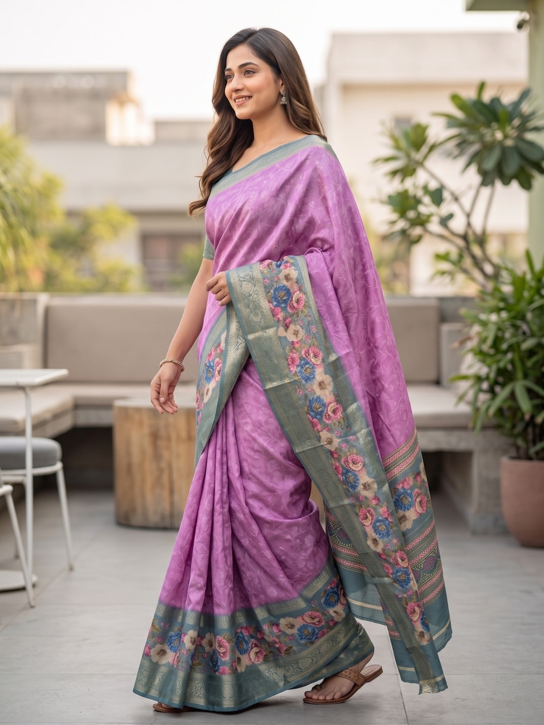 Peachmode Pink Pure Cotton Silk Saree With Bentex Jacquard And Digital Floral Print Border - Image 3