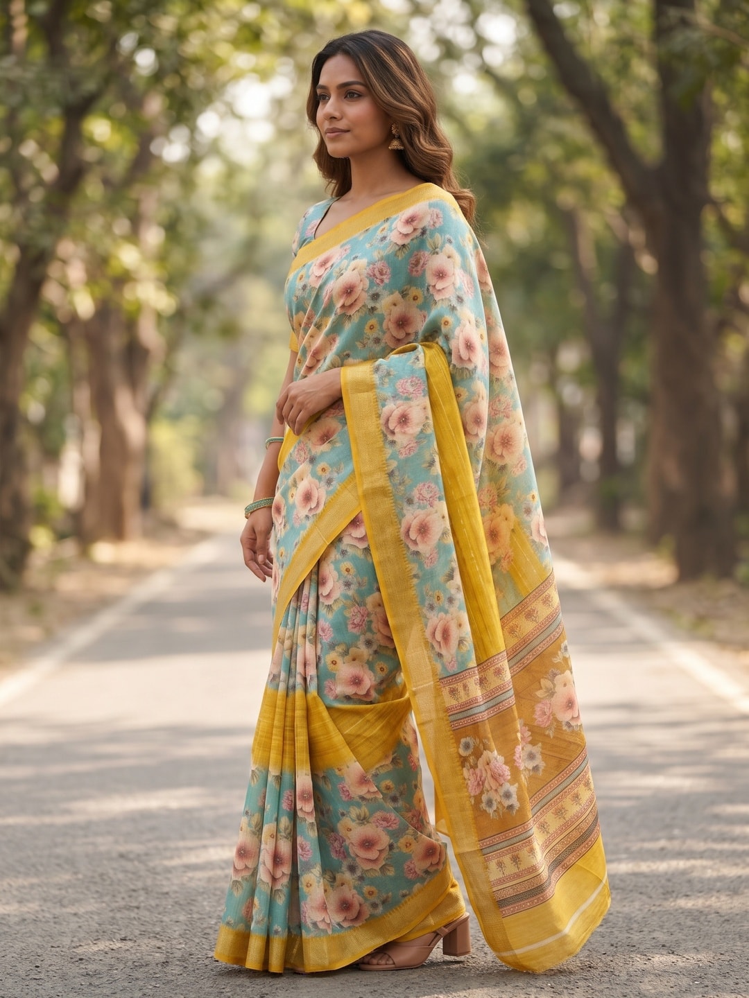 Peachmode Yellow Pure Cotton Silk Saree With Bentex Jacquard And Digital Print Panel Design - Image 3