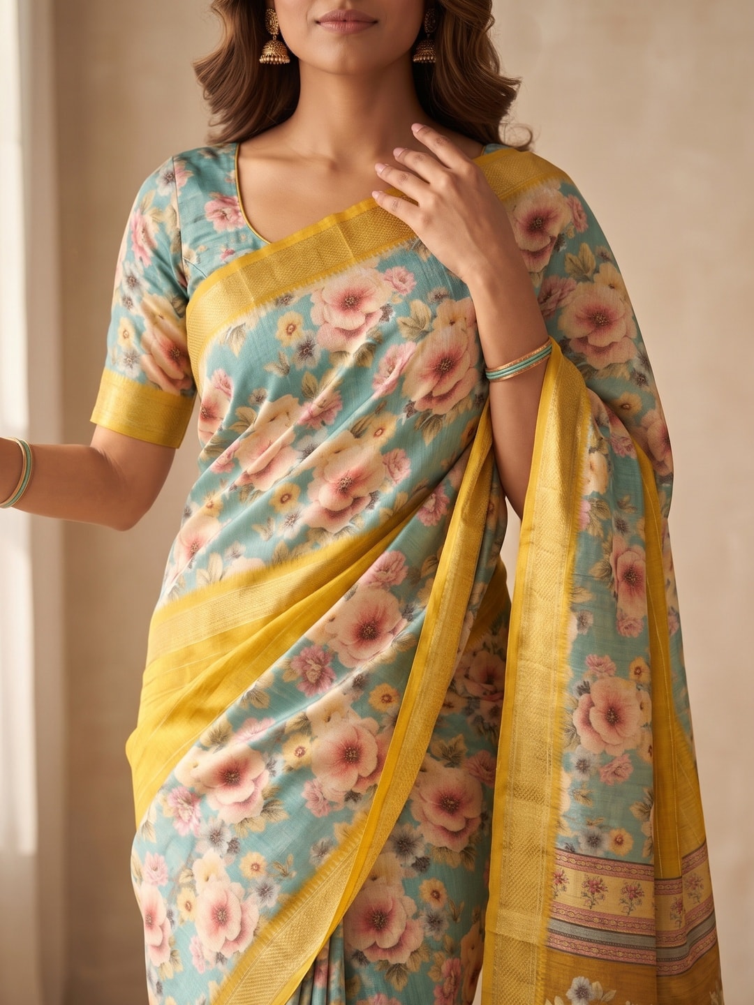Peachmode Yellow Pure Cotton Silk Saree With Bentex Jacquard And Digital Print Panel Design - Image 5
