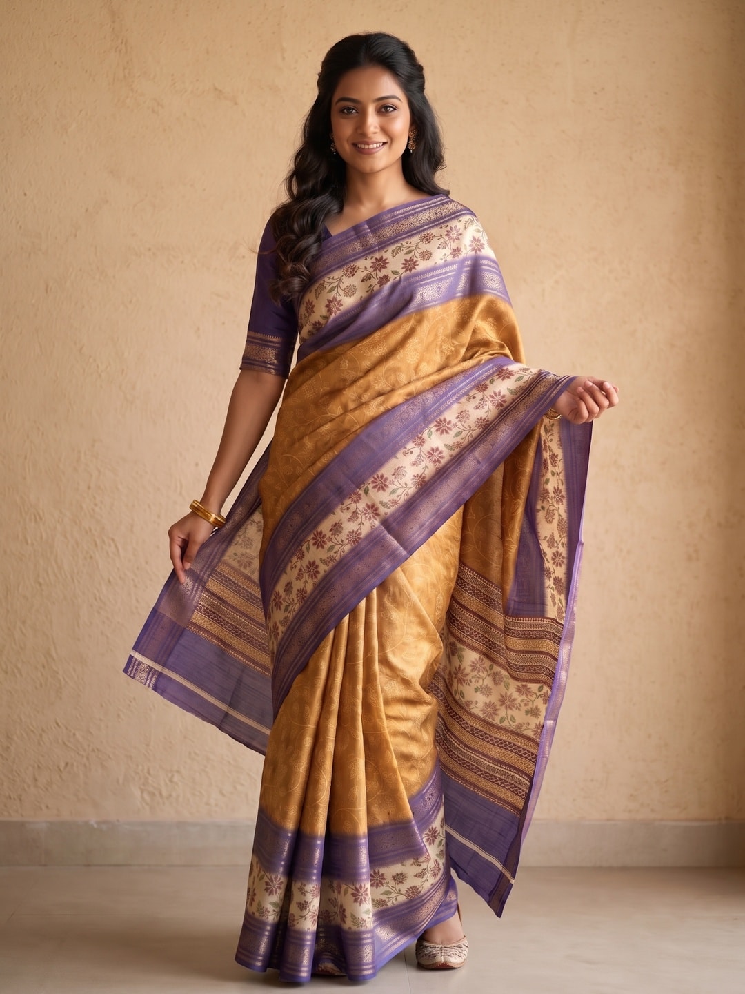 Peachmode Mustard Pure Cotton Silk Saree With Bentex Jacquard And Digital Print Panel Design - Image 1