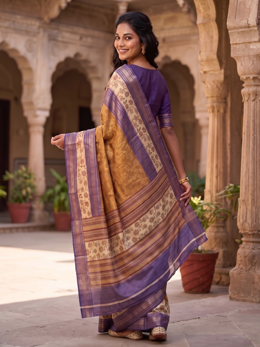 Peachmode Mustard Pure Cotton Silk Saree With Bentex Jacquard And Digital Print Panel Design - Image 2