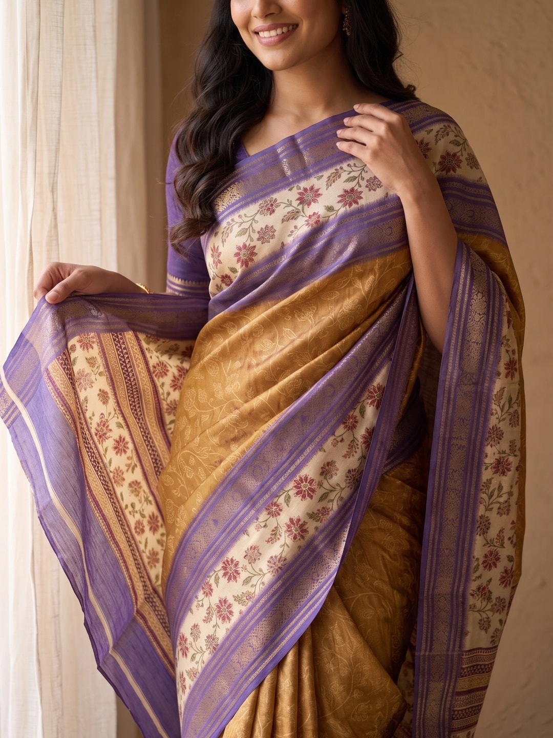 Peachmode Mustard Pure Cotton Silk Saree With Bentex Jacquard And Digital Print Panel Design - Image 5