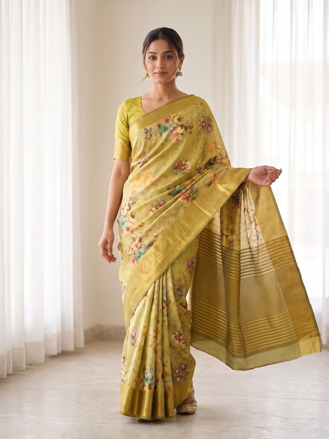 Peachmode Lime Pure Katan Silk Saree With Jacquard Weaving Pallu And Digital Floral Print - Image 1